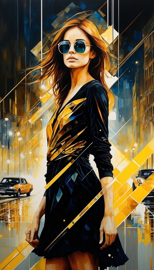 A stylized digital illustration of a woman with long hair wearing round blue sunglasses and a black dress, standing on a city street at night with cars in the background.