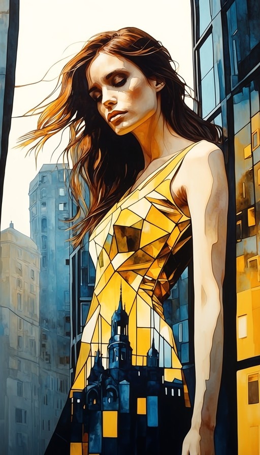 A woman with long brown hair stands between tall buildings wearing a yellow dress with a geometric pattern and a city skyline design at the bottom.
