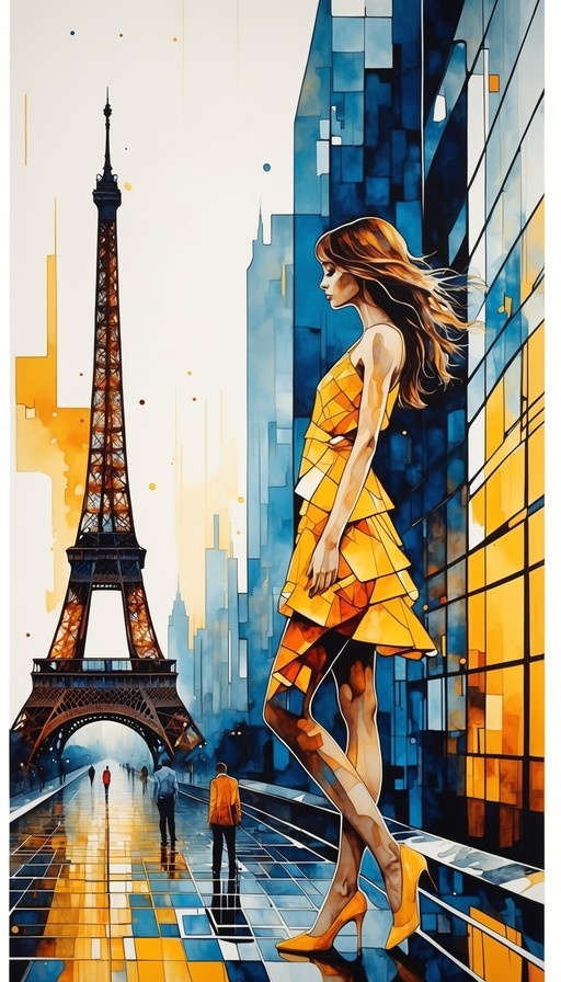 A stylized digital illustration of a woman in a bright yellow geometric dress walking past the Eiffel Tower, set against a backdrop of blue skyscrapers and reflective pavement.