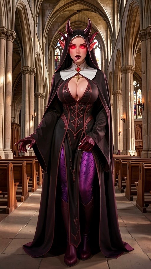 A horned demon nun stands in a cathedral aisle wearing purple pantyhose and sticking her tongue out.