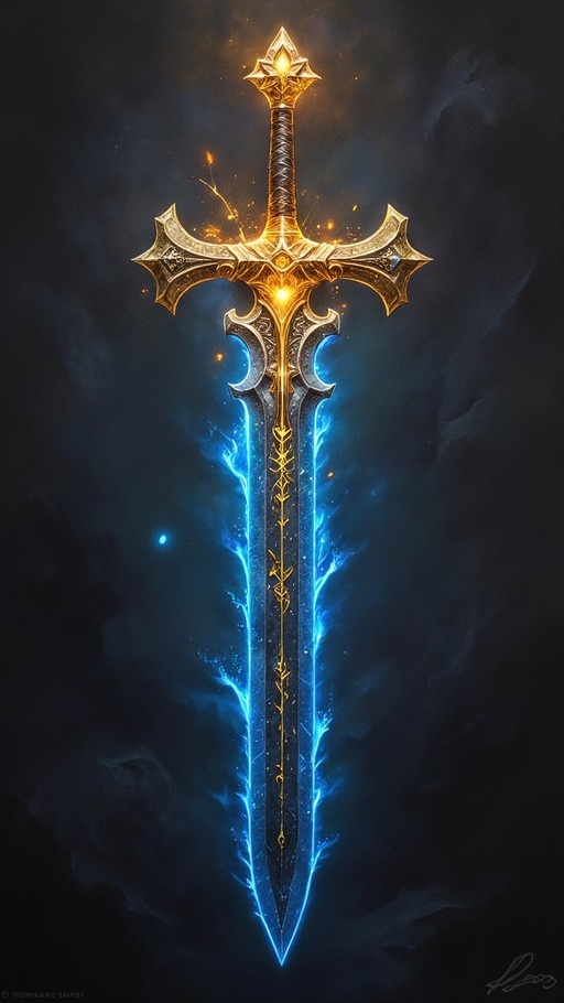 A vertical digital illustration of an ornate fantasy sword with a golden cross-guard and pommel, featuring a dark blade etched with gold runes and flanked by flowing bright blue magical energy against a dark cloudy background.