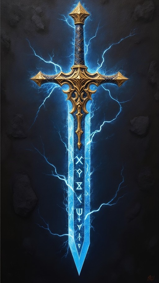 A vertical digital illustration of a glowing blue fantasy sword with an ornate gold hilt, surrounded by crackling blue lightning against a dark background.