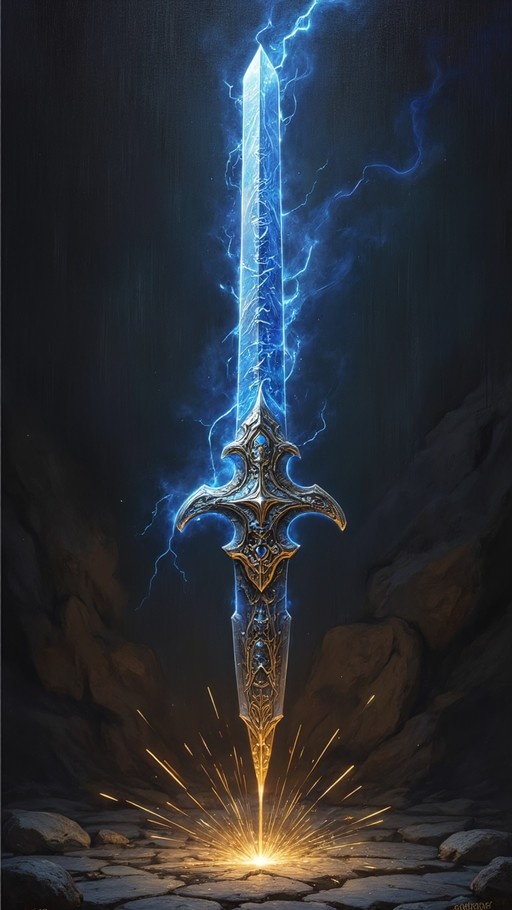 A vertical digital illustration of a large, glowing blue sword plunged into a rocky surface, surrounded by arcs of electricity and sparks at the base.