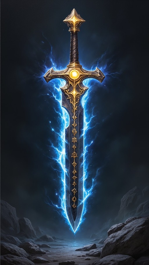 A vertical digital illustration of an ornate fantasy sword floating in a dark rocky landscape, surrounded by crackling blue magical energy and lightning.