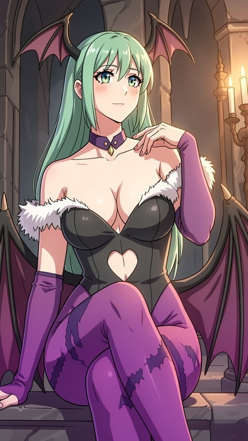 Morrigan Aensland sitting on stone steps in a black leotard with a heart cutout and purple patterned tights.