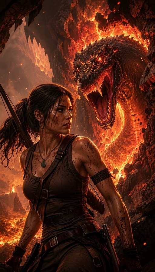 A female adventurer with a ponytail stands in a volcanic cave as a large fire dragon roars behind her amidst flowing lava.
