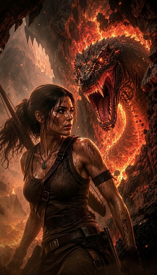 A muddy woman with a ponytail and tank top looks back at a large roaring dragon amidst fire and lava in a cave.