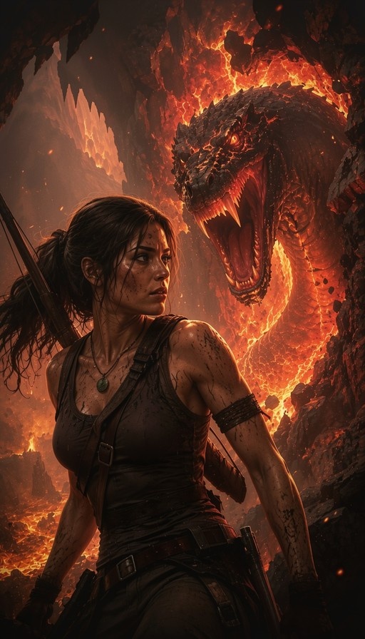 A determined woman in a black tank top and tactical harness looks back at a roaring dragon emerging from a fiery lava cave.
