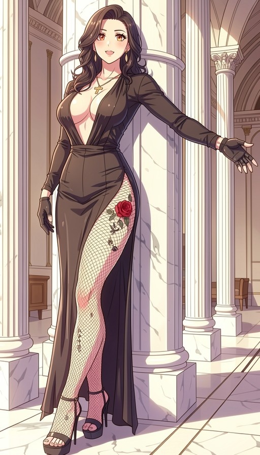 Full-body illustration of an anime woman in a black plunging dress and fishnet stockings with a red rose tattoo on her thigh, standing in a sunlit hall with white columns.
