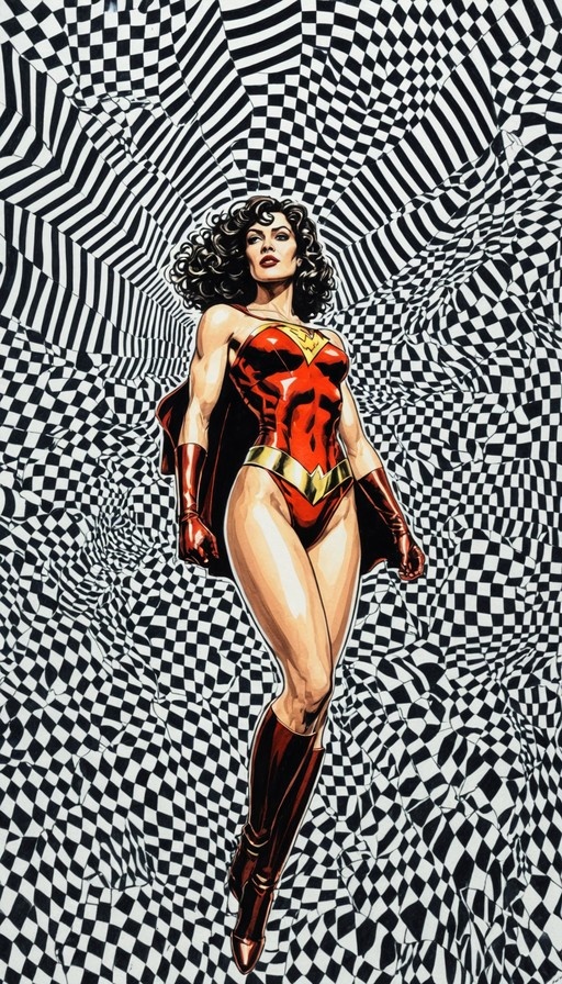 Wonder Woman in a red leotard and gold belt posing against a distorted black-and-white checkerboard pattern.