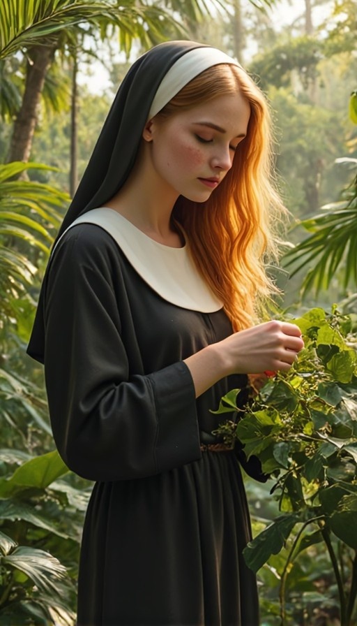 A young nun with long red hair and freckles stands in a sunlit forest, gently touching the leaves of a bush while wearing a traditional black habit.