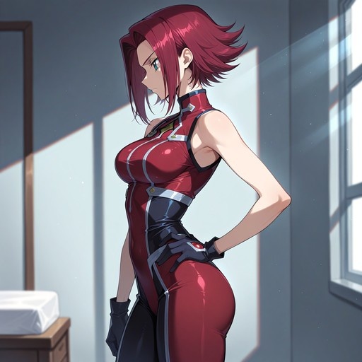 Kallen Kozuki from Code Geass stands in profile wearing a red bodysuit and black gloves, illuminated by sunlight streaming through a window in a bedroom.