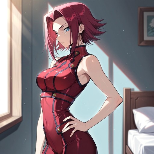 Kouzuki Kallen stands in a sunlit bedroom wearing a red sleeveless bodysuit, looking at the viewer with one hand on her hip.