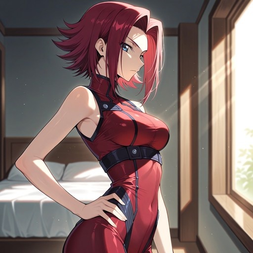 A digital illustration of Kallen Kozuki from Code Geass standing in a sunlit bedroom wearing a tight red bodysuit with her hand on her hip.