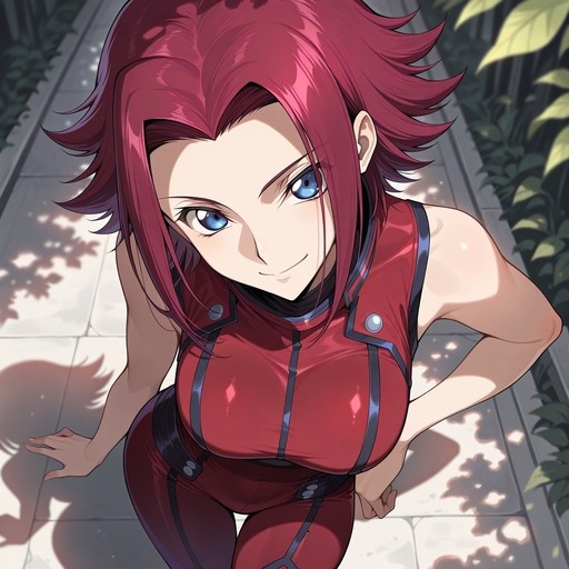 High-angle view of Kallen Kozuki in a red plugsuit standing on a paved path with dappled sunlight and foliage, looking up at the viewer with a confident smile.