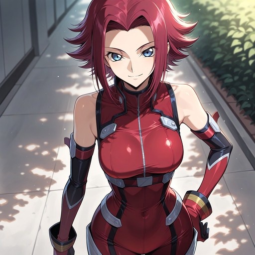A digital illustration of Kouzuki Kallen with short red hair and blue eyes, wearing a tight red bodysuit and elbow-length gloves, standing outdoors in dappled sunlight with one hand on her hip.
