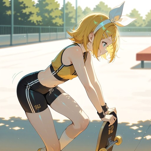 Kagamine Rin in yellow sports bra and black shorts holding a skateboard outdoors.