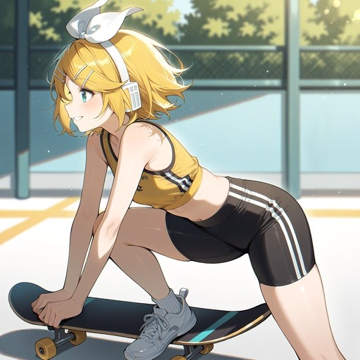 Kagamine Rin crouching on a skateboard wearing yellow sportswear and headphones