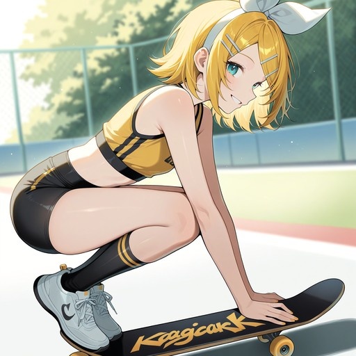 Kagamine Rin in a yellow sports bra and black shorts crouching on a skateboard outdoors.