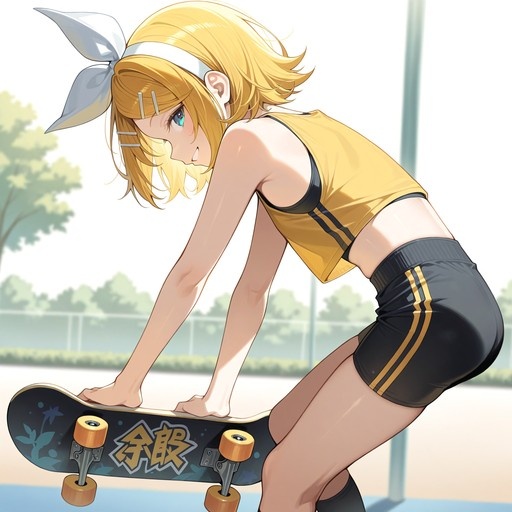 Kagamine Rin leaning over a skateboard in an outdoor setting.