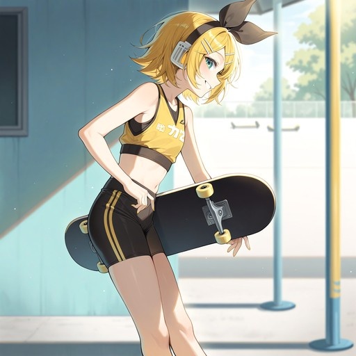 An anime-style illustration of Kagamine Rin in sportswear holding a skateboard with a smile.