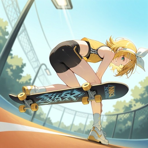 Kagamine Rin bending forward to hold a skateboard horizontally while looking back at the viewer in an outdoor setting.