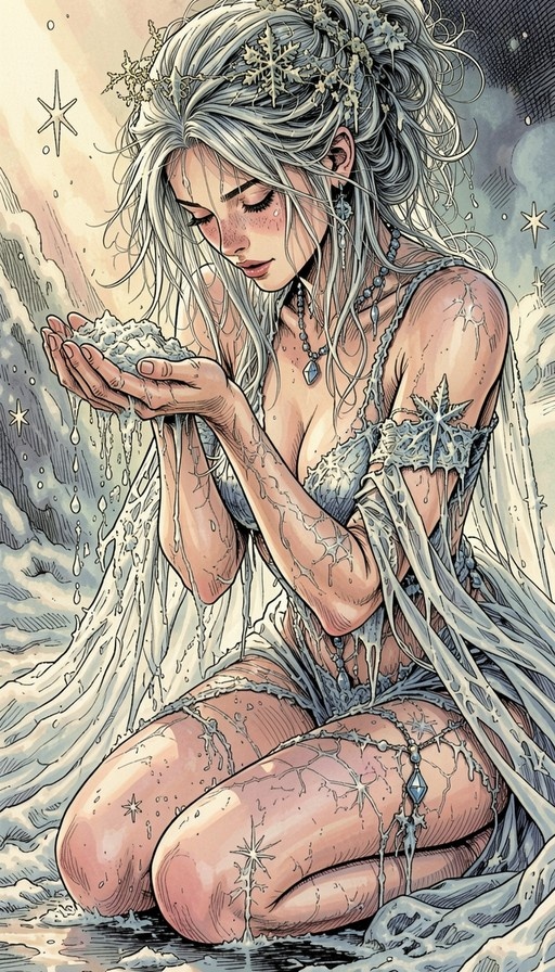 Anime-style illustration of an ice queen kneeling in the snow holding a clump of ice.