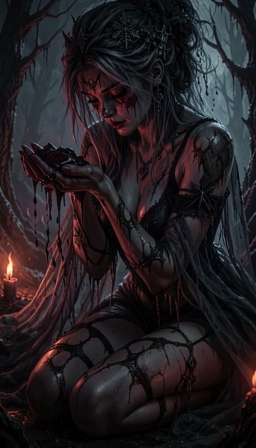 A pale woman with grey hair and a snowflake ornament kneels in a dark forest holding a dripping object, surrounded by thorns and candlelight.