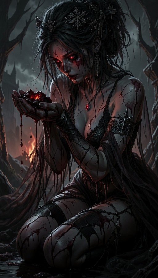 A pale demoness with glowing red eyes and black hair kneels in a dark forest, cupping a dripping, glowing heart in her blood-stained hands.