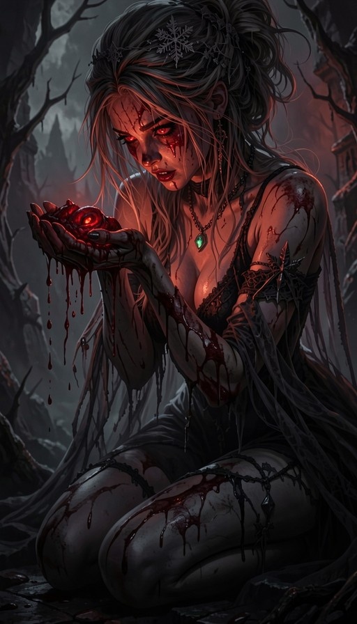 A pale woman with silver hair and red eyes sits in a dark forest holding a glowing red heart covered in dripping blood.