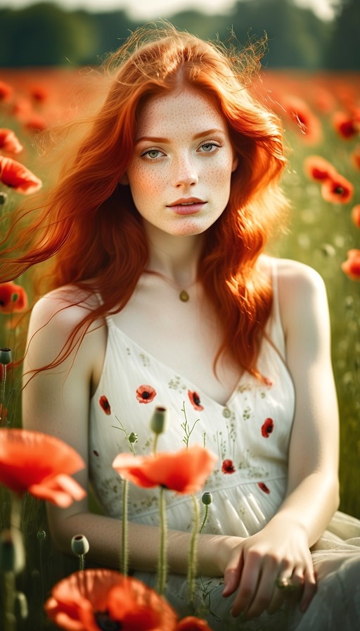 A young woman with long red hair and freckles sits in a field of red poppies wearing a white floral dress.
