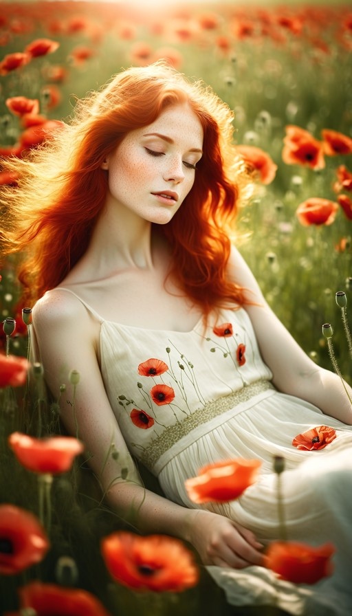 Red-haired woman with freckles resting in a sunlit field of red poppies, wearing a white dress with floral embroidery.