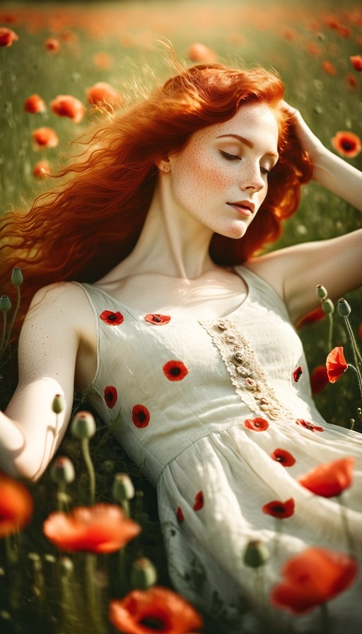 A woman with long red hair and freckles lies in a field of red poppies wearing a white dress