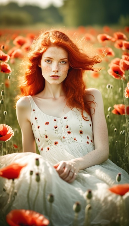 A young woman with long red hair and freckles in a white dress sits in a sunny field of blooming red poppies.
