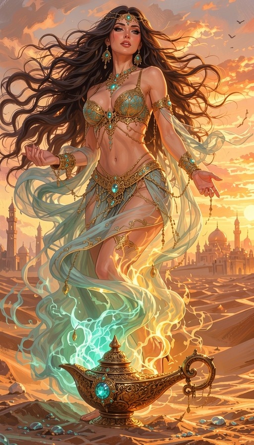 A digital painting of a fantasy woman with long dark hair and gold jewelry rising from an ornate golden lamp emitting blue smoke in a desert at sunset.