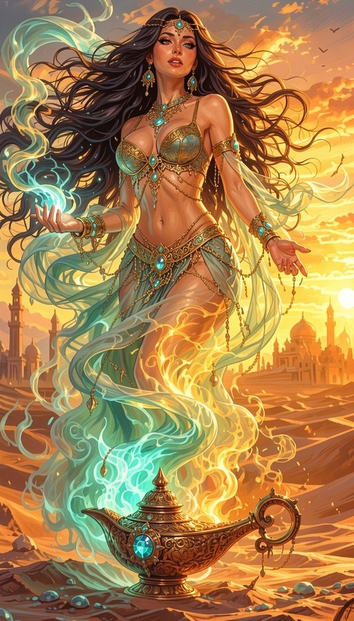 A dark-skinned female genie with flowing black hair and ornate jewelry rises from an ornate golden lamp amidst swirling blue magical smoke in a desert landscape at sunset.