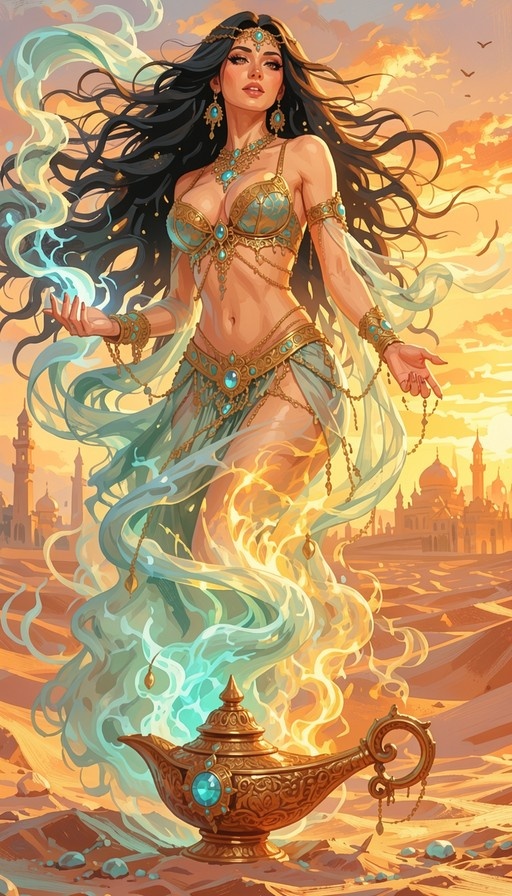 A dark-skinned female genie with long black hair and gold jewelry rises from a golden lamp surrounded by swirling blue and yellow magic in a desert setting.