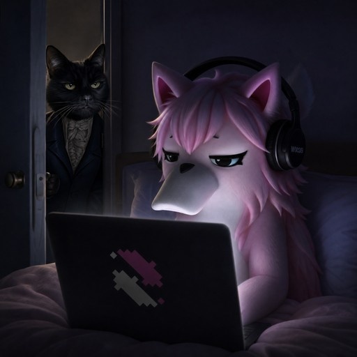 A pink-furred anthropomorphic wolf wearing headphones lies in bed using a laptop while a black cat in a suit watches from the doorway.