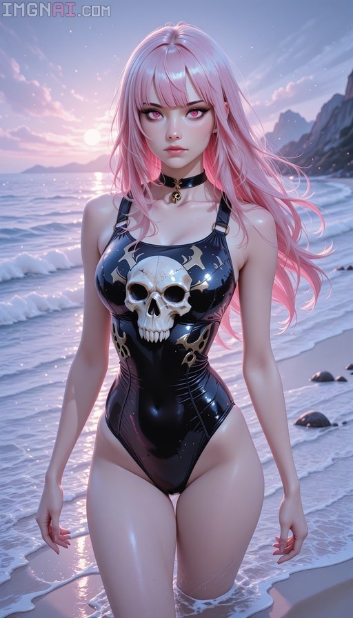Mori Calliope wearing a black one-piece swimsuit with a large skull design stands in shallow ocean water at sunset.