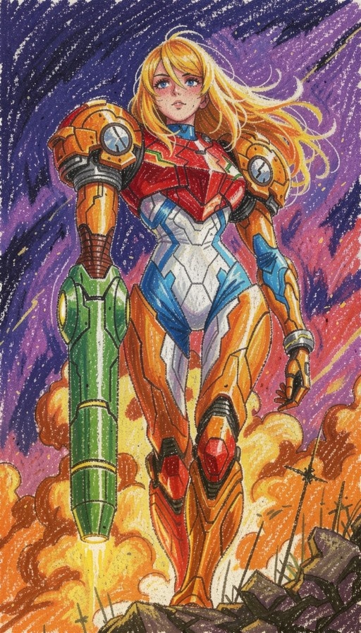 Samus Aran stands in her orange and blue Varia Suit, aiming a large green arm cannon against a starry purple sky with explosions at her feet.