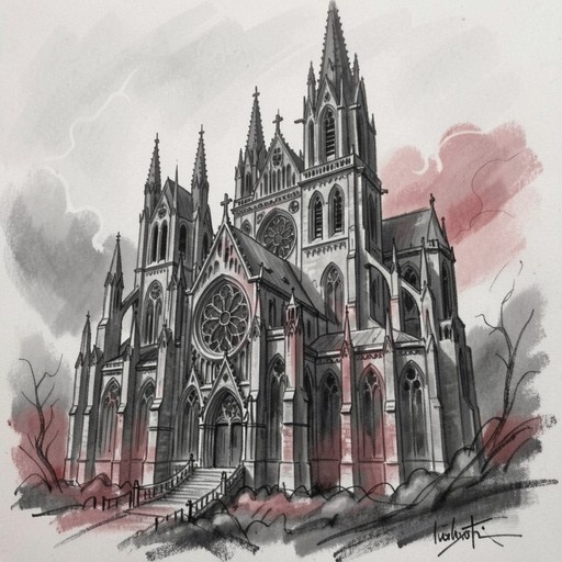 A detailed sketch of a Gothic cathedral with tall spires and rose windows, rendered in black ink with red accents against a cloudy sky.