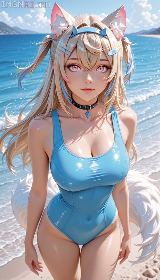 Fuwawa Abyssgard stands on a sunny beach wearing a shiny blue one-piece swimsuit with her signature dog ears and tail visible.