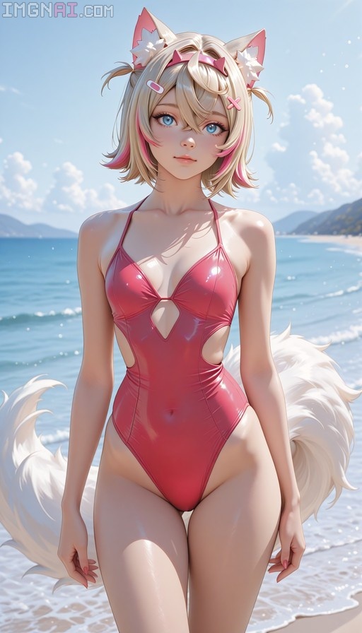 Mococo Abyssgard in a shiny pink swimsuit standing on a beach with large white tails