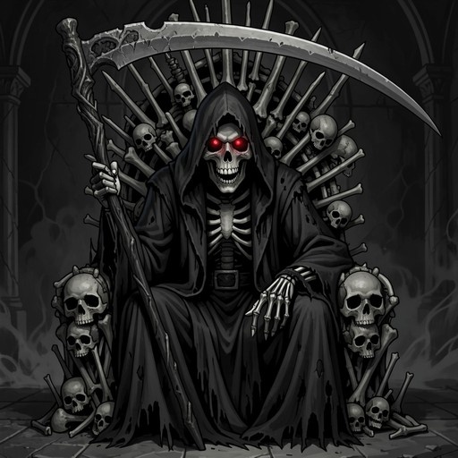 Skeletal Grim Reaper with glowing red eyes sitting on a throne of bones holding a large scythe.