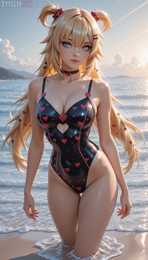Akai Haato kneeling in shallow water wearing a black heart-patterned swimsuit