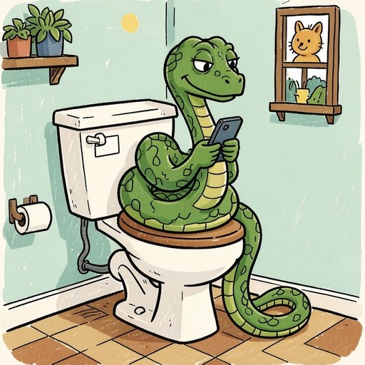 A green snake sits on a toilet holding a smartphone in a bathroom with potted plants.