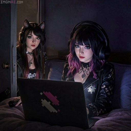 Two young women in emo fashion, one wearing cat ears and headphones while seated at a laptop.