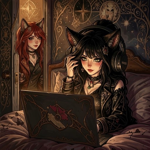Two cat-eared anime girls in a bedroom; one on the bed with an ornate laptop and headphones, the other standing in the doorway.