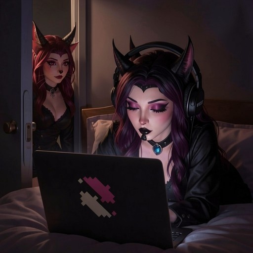 A horned succubus with purple hair and cat ears lies in bed using a laptop while another red-haired demon girl watches from the doorway.