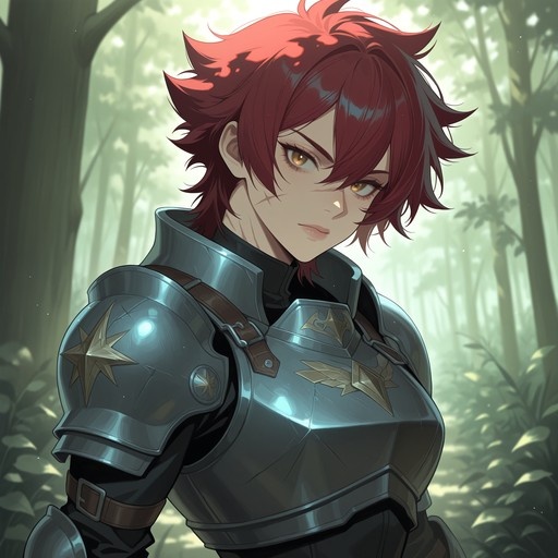A red-haired anime girl in silver armor with gold star emblems stands in a forest.